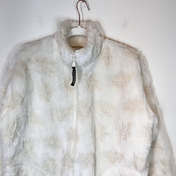 Fuzzy Sherpa Jacket Cream & Beige Leaf Pattern Cozy Full Zip Warm Coat - Picture 7 of 12